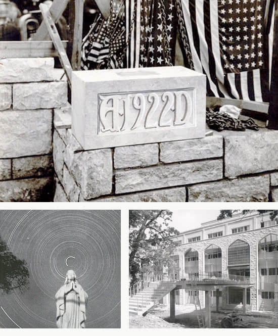 Historical black and white photos of buildings and a statue on campus